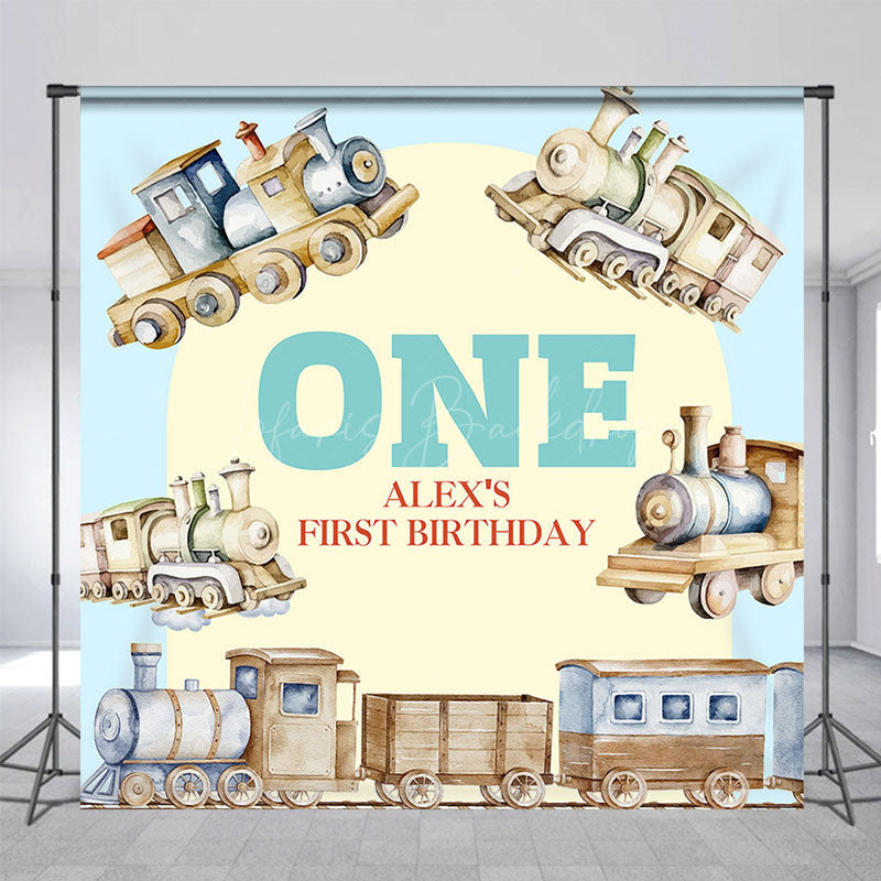 Lofaris Retro Wood Train Custom Name One Birthday Backdrop