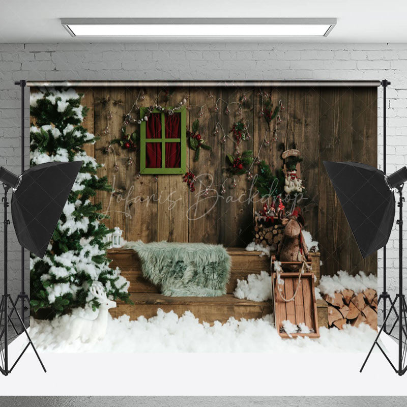 Lofaris Retro Wooden Light String Snow Scene Photo Backdrop