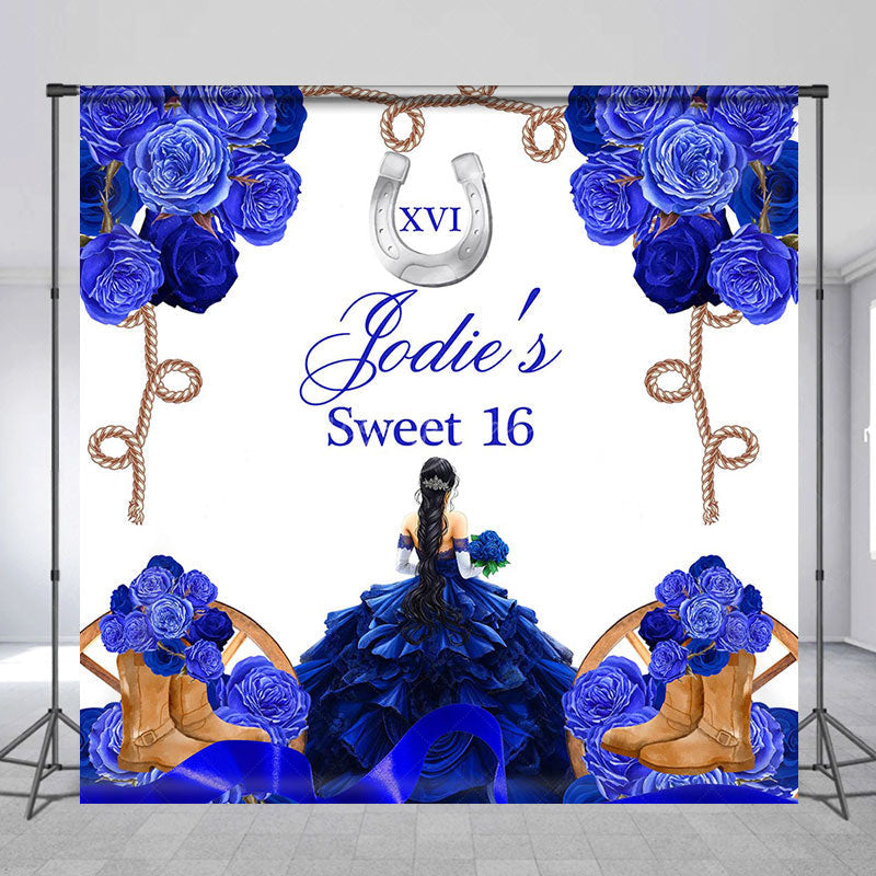 Lofaris Romantic Blue Rose Cowgirl Custom Sweet 16 Backdrop