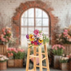 Lofaris Romantic Colorful Spring Floral Brick Window Backdrop