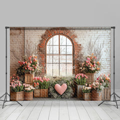 Lofaris Romantic Colorful Spring Floral Brick Window Backdrop