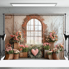 Lofaris Romantic Colorful Spring Floral Brick Window Backdrop