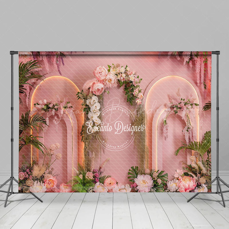 Lofaris Romantic Pink Arch Floral Leaves Wedding Backdrop