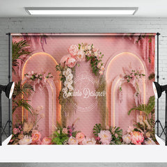 Lofaris Romantic Pink Arch Floral Leaves Wedding Backdrop