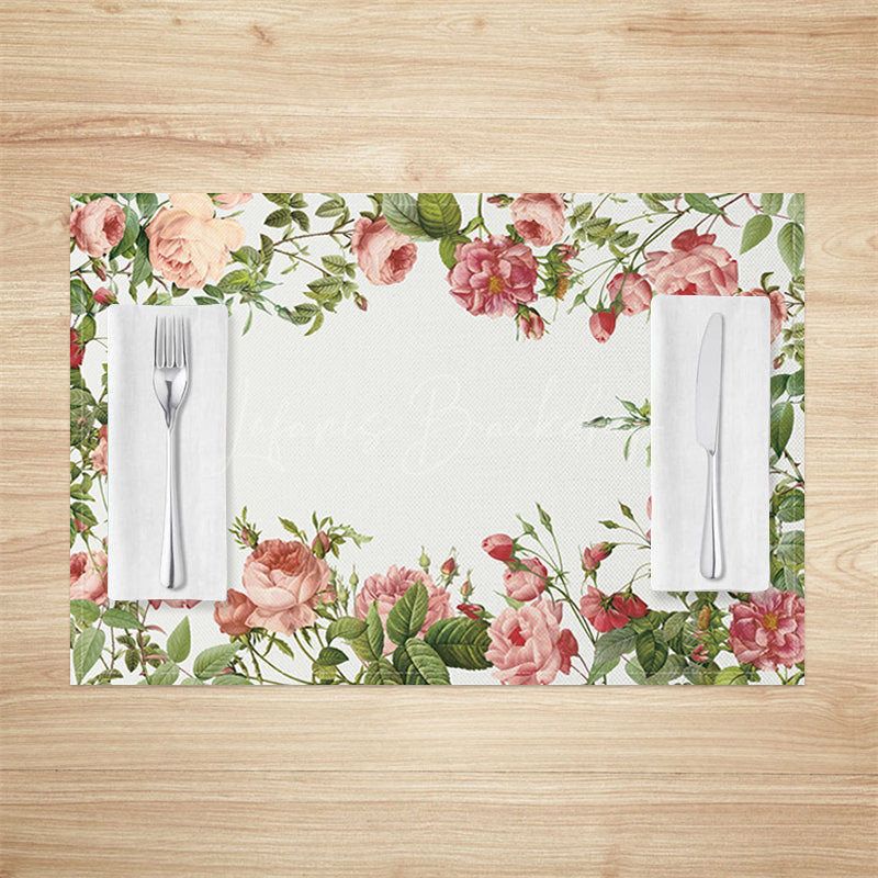 Lofaris Romantic Pink Floral Leaves Spring Set Of 4 Placemats