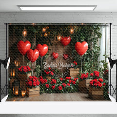 Lofaris Romantic Red Rose Balloons Greenery Wood Backdrop