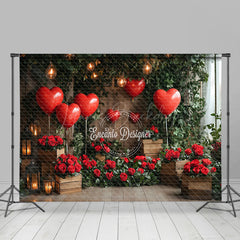 Lofaris Romantic Red Rose Balloons Greenery Wood Backdrop