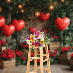 Lofaris Romantic Red Rose Balloons Greenery Wood Backdrop