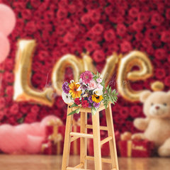 Lofaris Romantic Red Rose Wall Pink Balloon Bear Backdrop