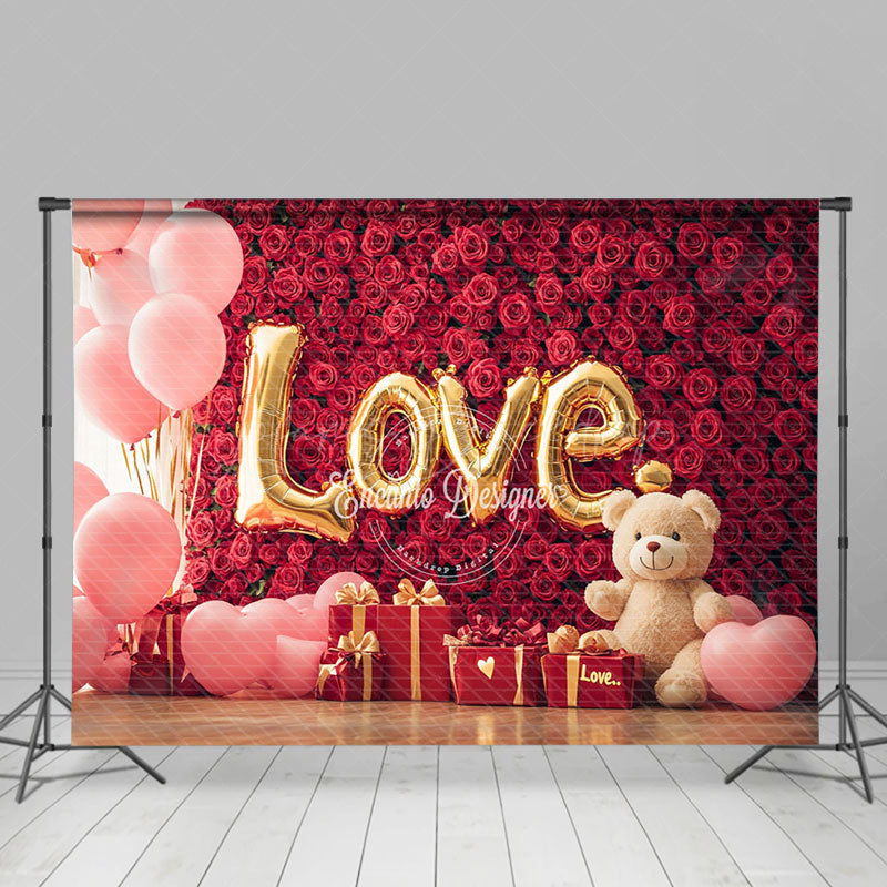 Lofaris Romantic Red Rose Wall Pink Balloon Bear Backdrop