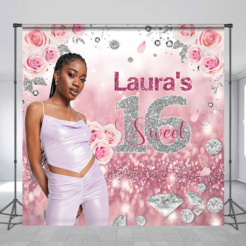 Lofaris Rose Gold Silver Floral Custom Sweet 16 Backdrop