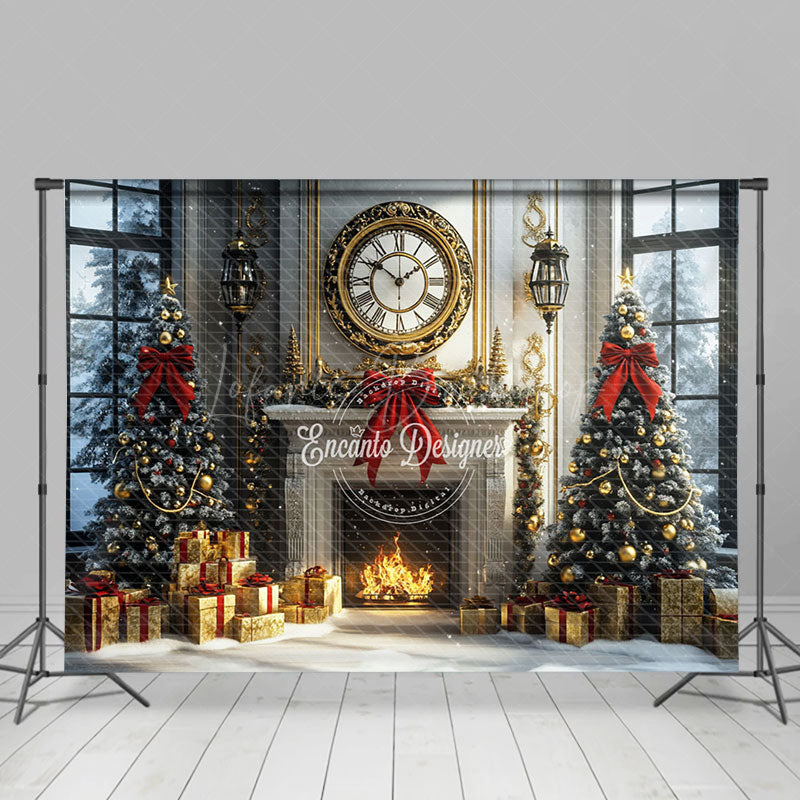 Lofaris Round Clock Fireplace Golden Gift Box Xmas Backdrop