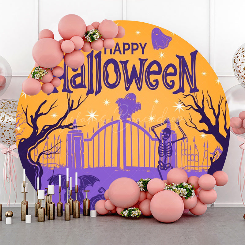 Lofaris Round Orange Purple Gate Cemetery Halloween Backdrop