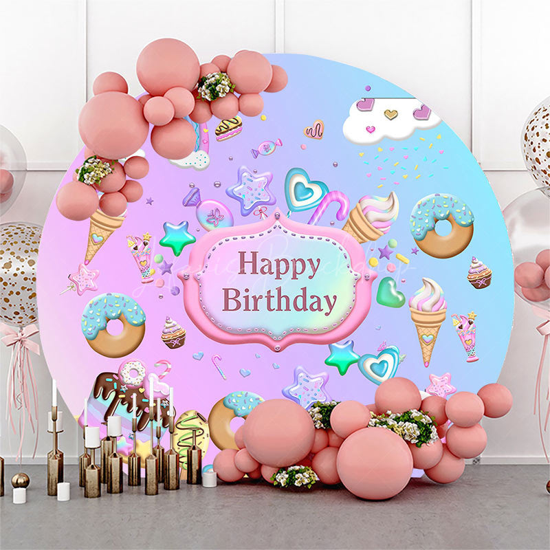 Lofaris Round Pink Blue Candyland Happy Birthday Backdrop