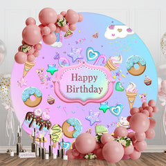 Lofaris Round Pink Blue Candyland Happy Birthday Backdrop