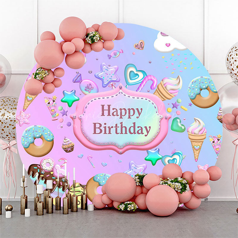 Lofaris Round Pink Blue Candyland Happy Birthday Backdrop