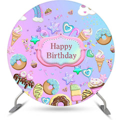 Lofaris Round Pink Blue Candyland Happy Birthday Backdrop