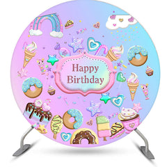 Lofaris Round Pink Blue Candyland Happy Birthday Backdrop