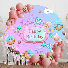 Lofaris Round Pink Blue Candyland Happy Birthday Backdrop