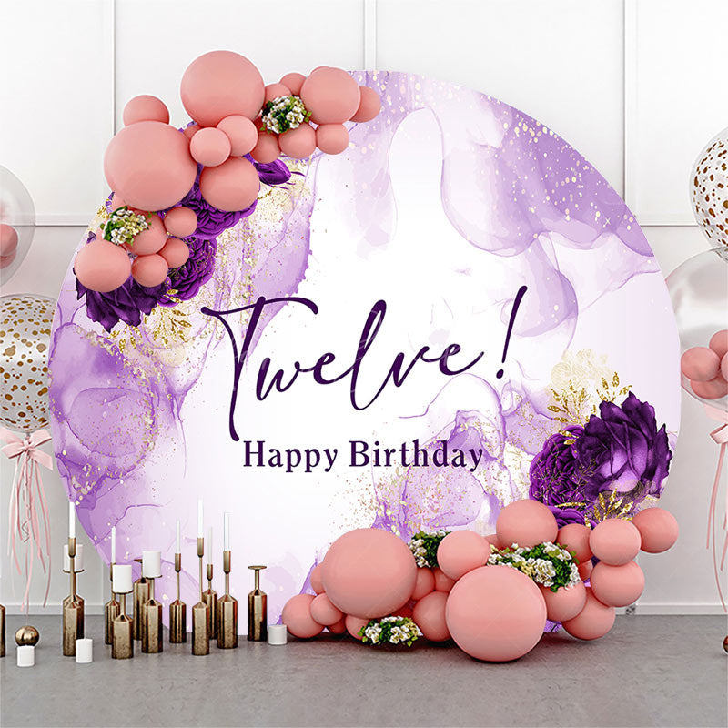 Lofaris Round Purple Floral Marbled 12th Birthday Backdrop