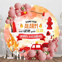 Lofaris Round Red Car Firefighting Happy Birthday Backdrop