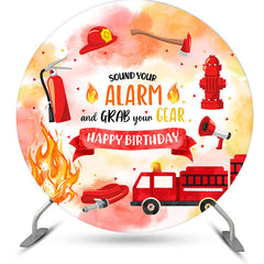 Lofaris Round Red Car Firefighting Happy Birthday Backdrop