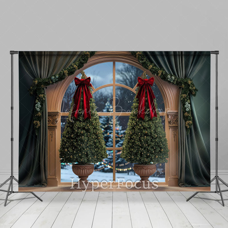 Lofaris Royal Green Curtain Window Scene Christmas Backdrop