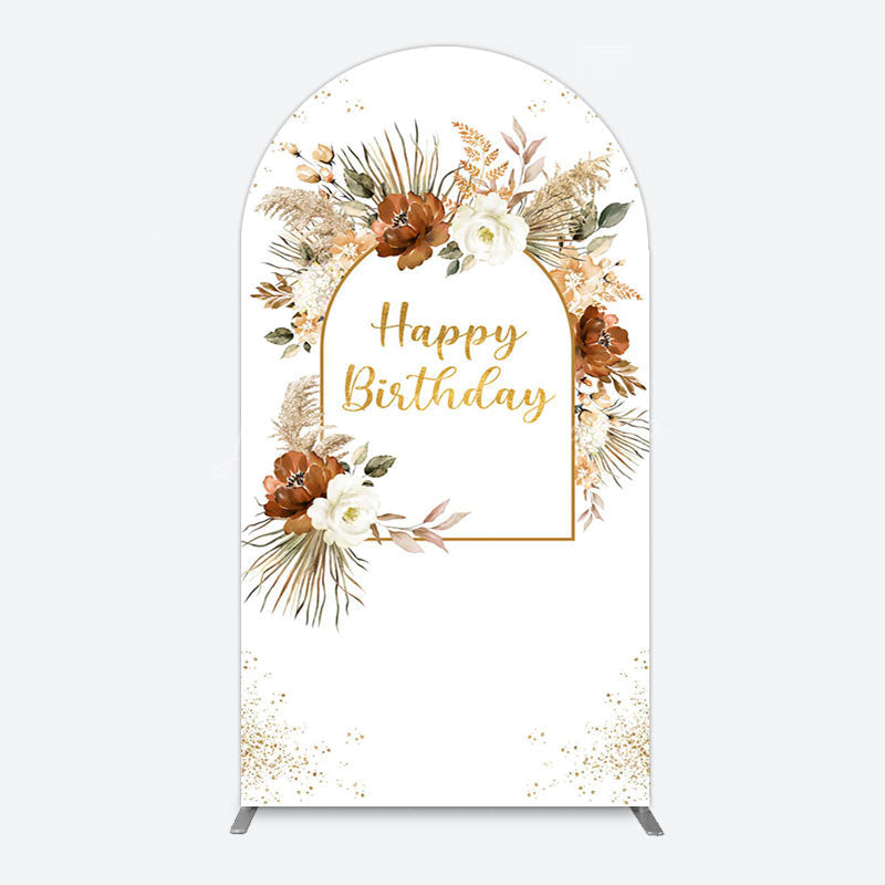 Lofaris Rural Boho Floral Gold Happy Birthday Arch Backdrop