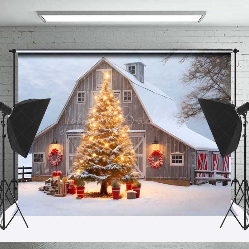 Lofaris Rural House Xmas Trees Snowy Christmas Vibe Backdrop