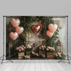 Lofaris Rural Wood Wall Greenery Pink Floral Balloon Backdrop