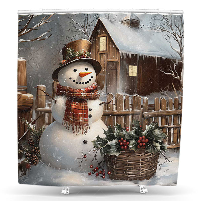 Lofaris Rural Wooden House Snowman Christmas Shower Curtain