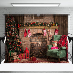 Lofaris Rustic Fireplace Tree Sofa Christmas Vibe Backdrop