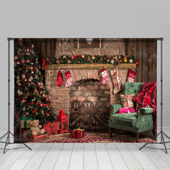 Lofaris Rustic Fireplace Tree Sofa Christmas Vibe Backdrop