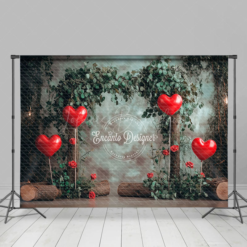 Lofaris Rustic Greenery Red Love Balloon Tree Stump Backdrop