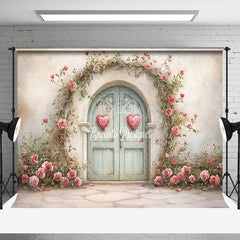 Lofaris Rustic Retro Door Pink Floral Valentines Day Backdrop