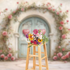 Lofaris Rustic Retro Door Pink Floral Valentines Day Backdrop