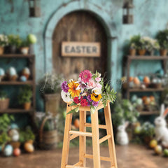 Lofaris Rustic Retro Teal Wall Eggs Bunny Easter Backdrop