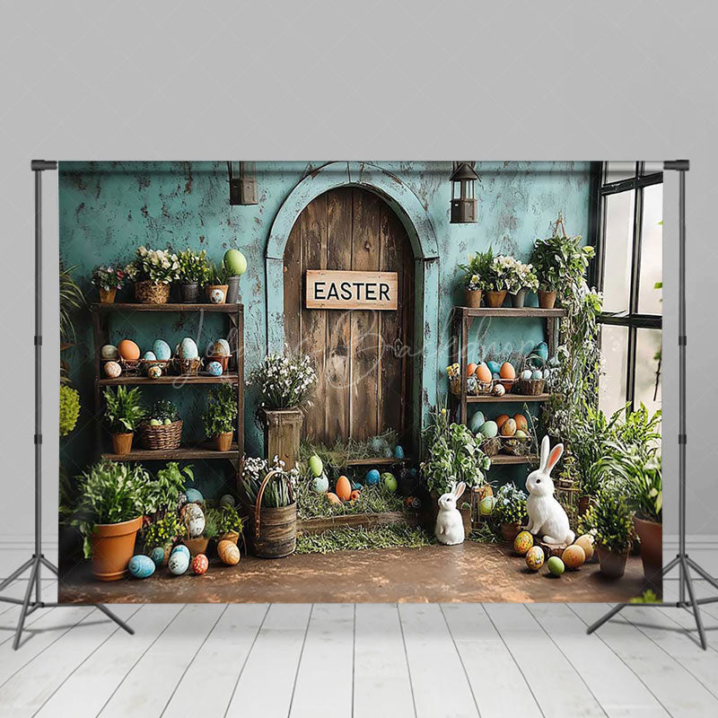 Lofaris Rustic Retro Teal Wall Eggs Bunny Easter Backdrop