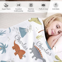 Lofaris Safari Dinosaurs Trees White Custom Name Blanket