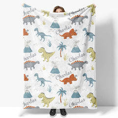 Lofaris Safari Dinosaurs Trees White Custom Name Blanket