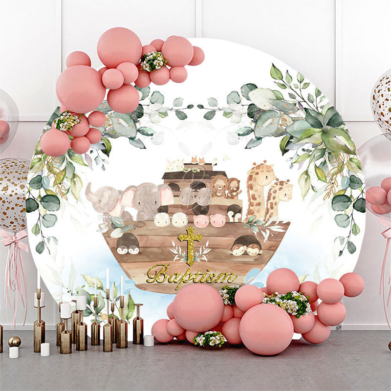 Lofaris Safari Noahs Ark Leaves Round Baptism Party Backdrop