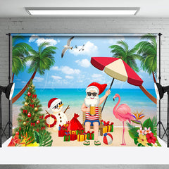 Lofaris Santa Flamingo Sand Beach Christmas In July Backdrop