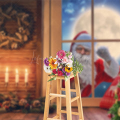 Lofaris Santa Ooutside Window Night Wood Christmas Backdrop