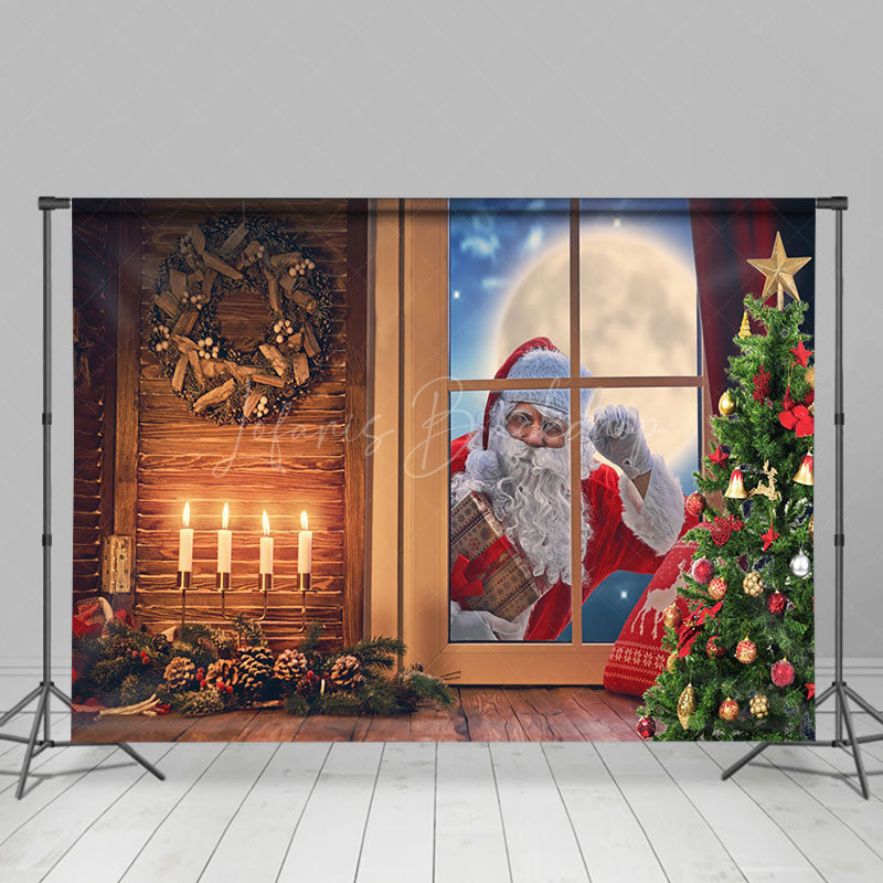 Lofaris Santa Ooutside Window Night Wood Christmas Backdrop