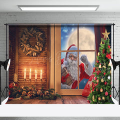 Lofaris Santa Ooutside Window Night Wood Christmas Backdrop