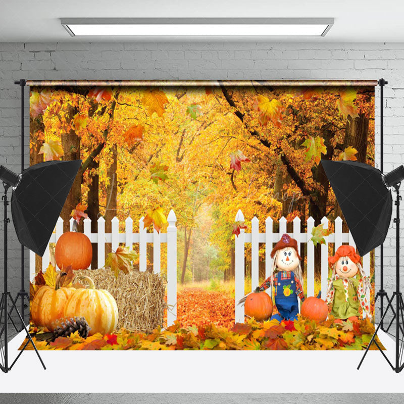 Lofaris Scarecrows Pumpkin Autumn Maple Leaves Fence Backdrop