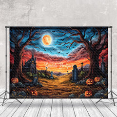 Lofaris Scary Red Blue Sky Moon Cemetery Halloween Backdrop