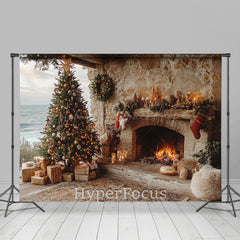 Lofaris Seaside Retro Cabin Fireplace Tree Christmas Backdrop