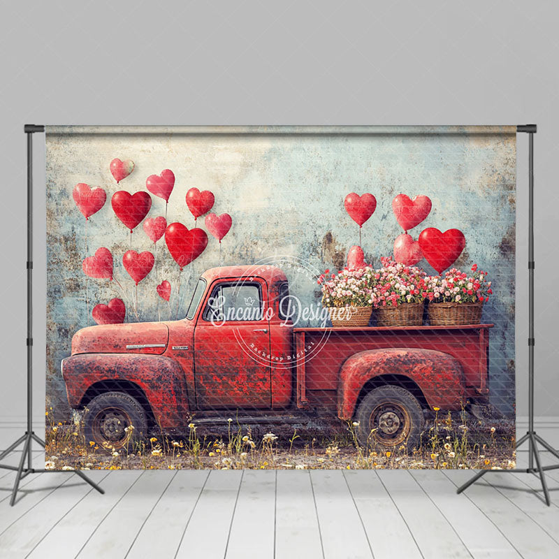 Lofaris Shabby Wall Red Balloons Retro Truck Floral Backdrop