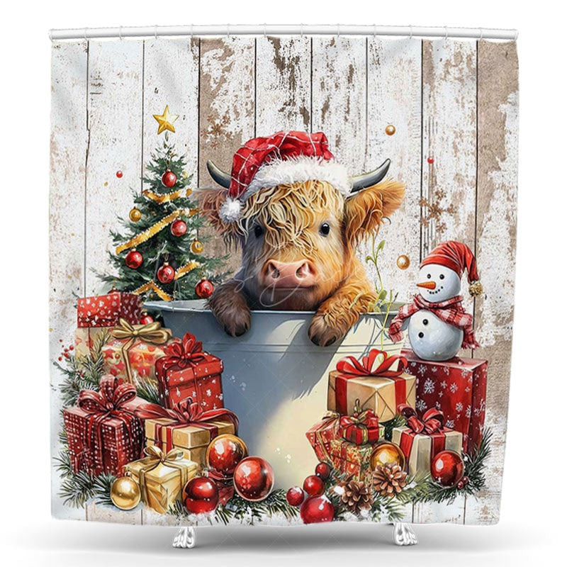 Lofaris Shabby Wood Grain Cow Gifts Christmas Shower Curtain